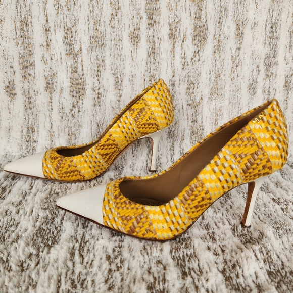 Tory Burch "Penelope" Yellow Textured Woven Cap Toe Pumps | Women's Size 6.5 - Picture 8 of 13